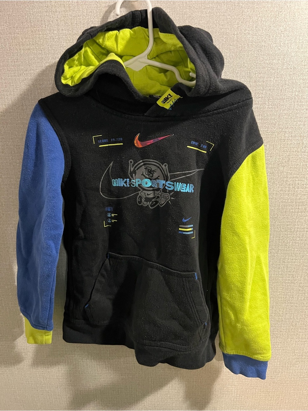 Nike Black Hoodie with Blue and Neon Yellow Accent Sleeves